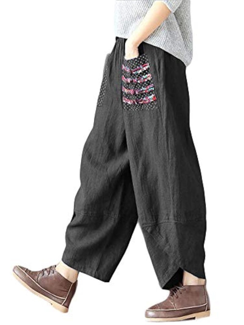 Minibee Women's Baggy Linen Wide Leg Trousers Casual Patchwork Elastic Waist Harem Pants Black 2XL - Image 1